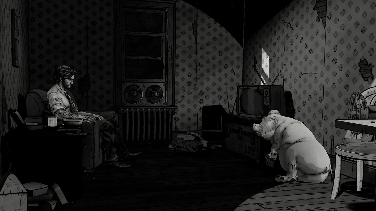 Black-and-white scene of Bigby Wolf slumped in an armchair in a shabby apartment while a large pig sits by an old television