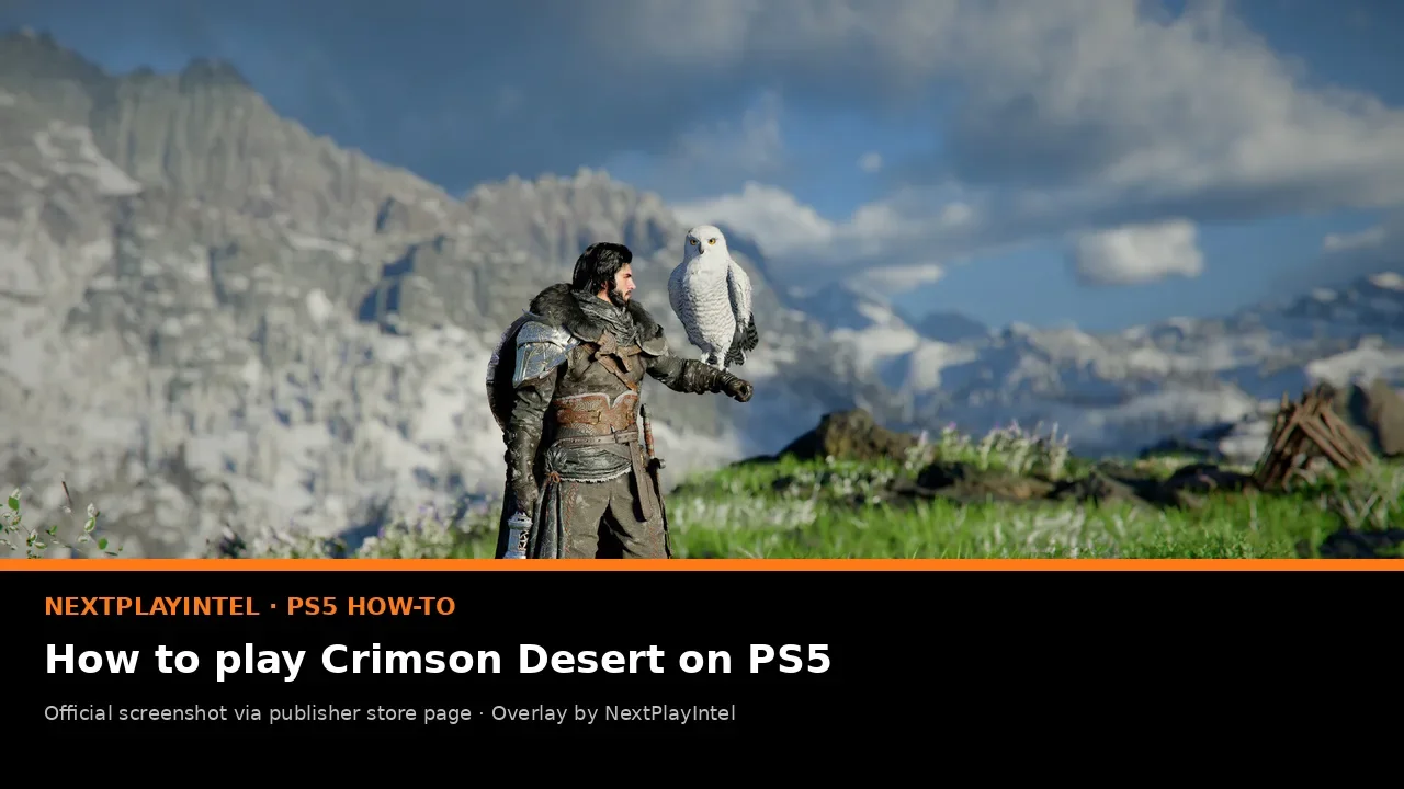 Official Crimson Desert screenshot of Kliff with a white falcon on his arm in the mountains, with NextPlayIntel PS5 how-to label