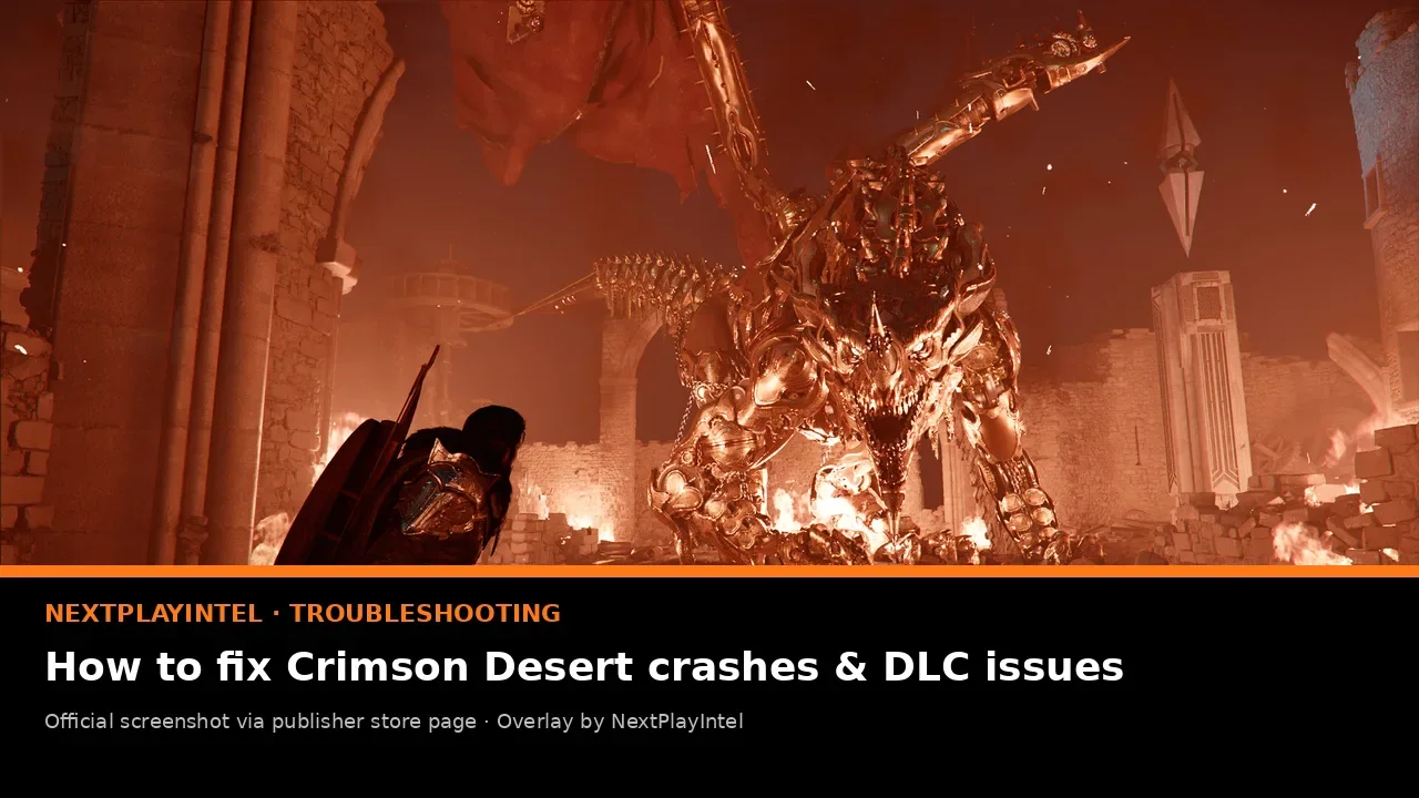 Official Crimson Desert screenshot of an armoured warrior in a burning hall facing a fiery creature, with NextPlayIntel troubleshooting label