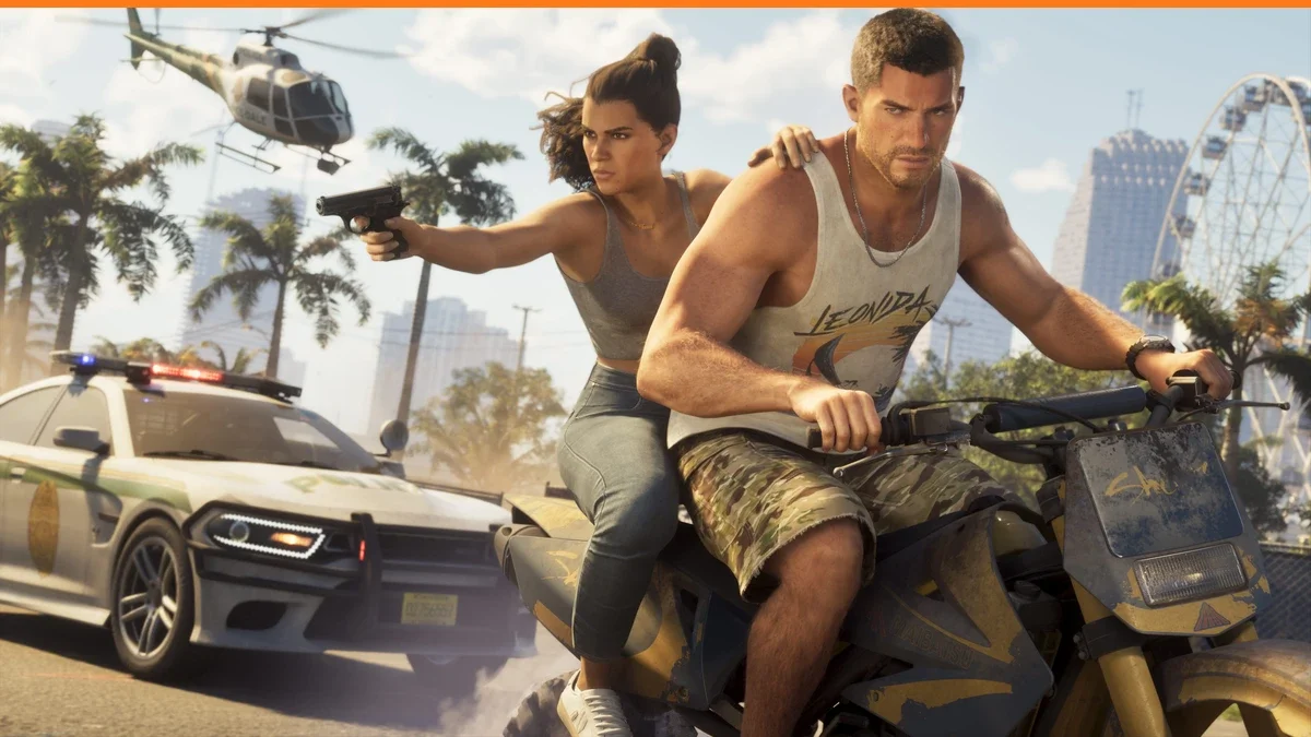 Jason rides a dirt bike with Lucia on the back aiming a pistol, a police car and helicopter chasing them past palm trees and a Ferris wheel
