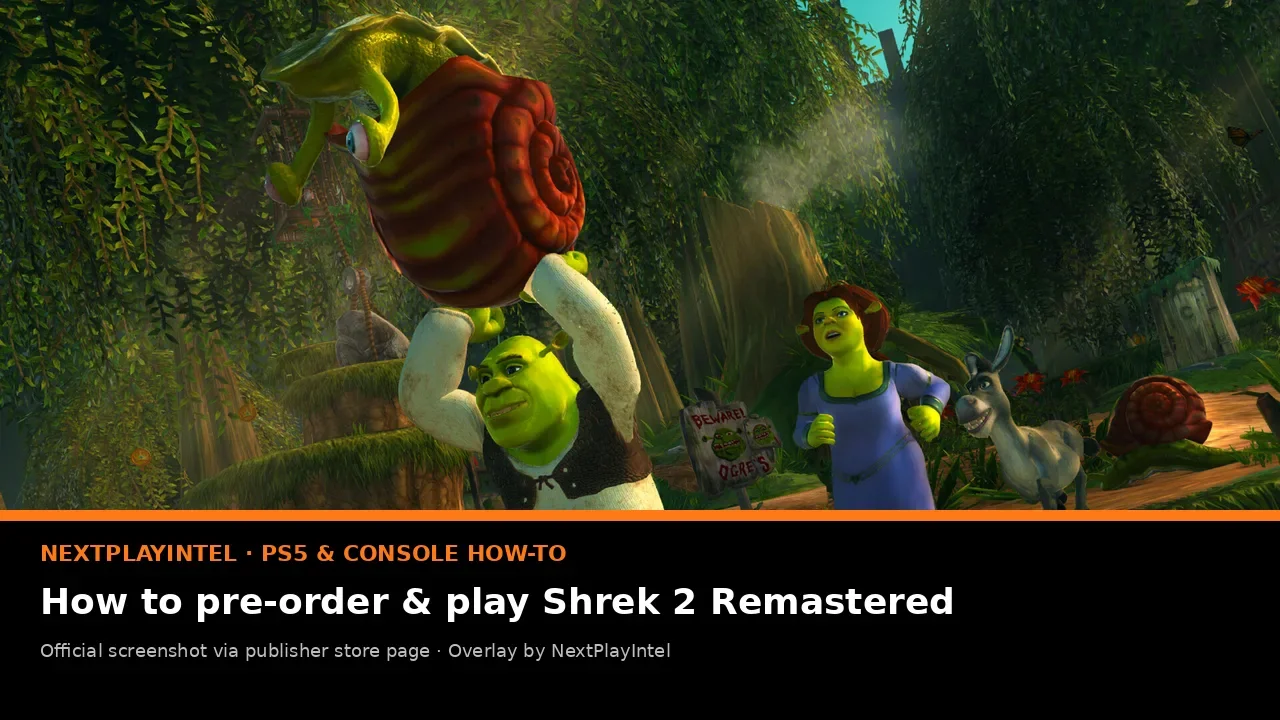 Official Shrek 2 Remastered screenshot of Shrek carrying a giant log with Fiona and Donkey, with NextPlayIntel how-to label