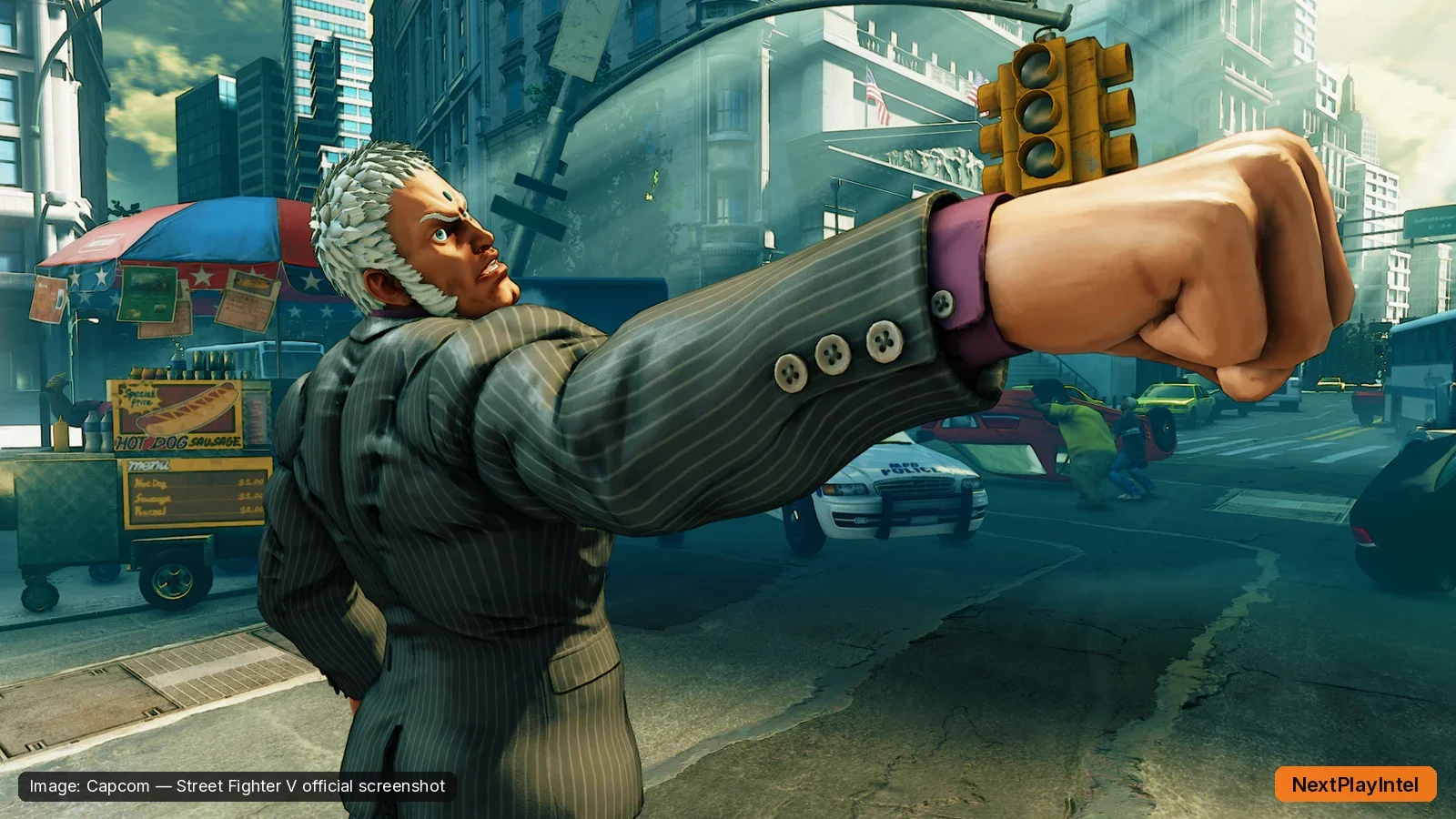 Street Fighter V official screenshot of a character punching on a city street stage