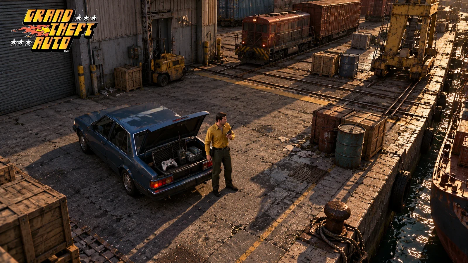 AI illustration inspired by the original GTA, showing a man beside an open blue car boot at industrial docks.