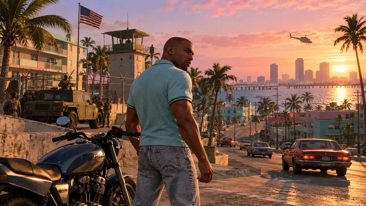 AI illustration of Victor Vance beside a motorcycle in a palm-lined neighbourhood overlooking the water.