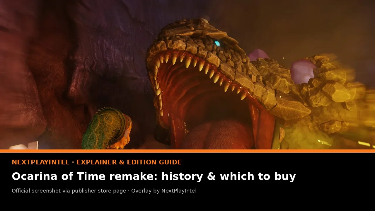 Official Ocarina of Time Switch 2 screenshot of Link riding Epona towards Death Mountain, with NextPlayIntel guide label