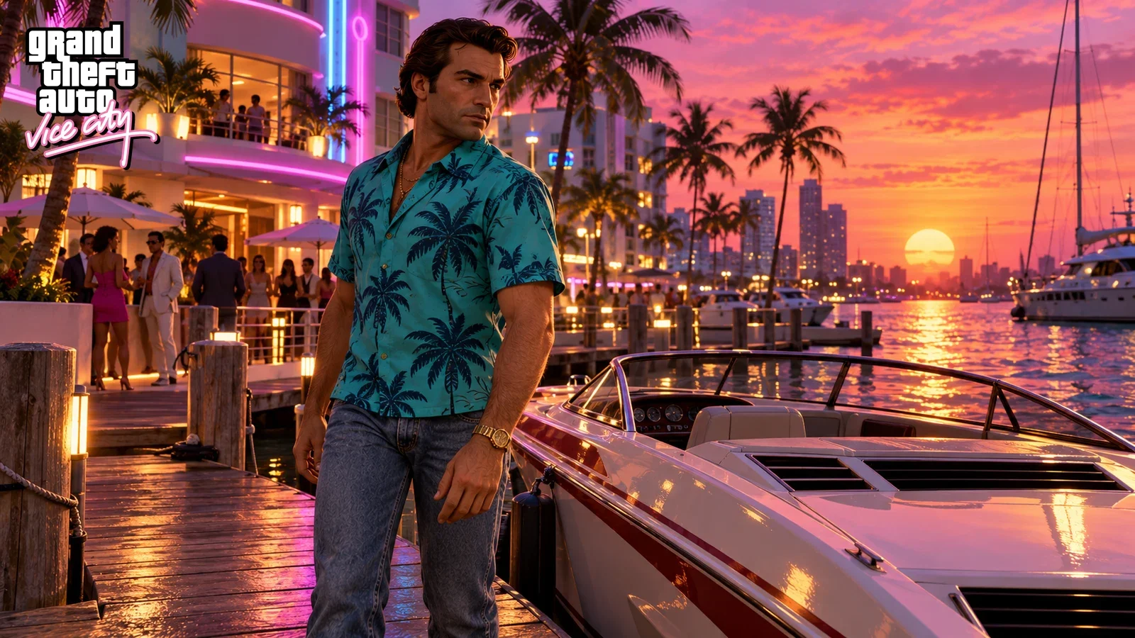 AI illustration of Tommy Vercetti beside a speedboat at a marina with palm trees and neon-lit hotels.