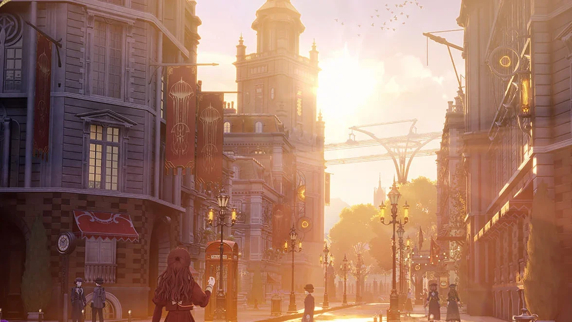 A red-haired girl in a crimson coat stands on a sunlit Victorian street at golden hour, looking toward a clock tower as passers-by in top hats walk past glowing street lamps