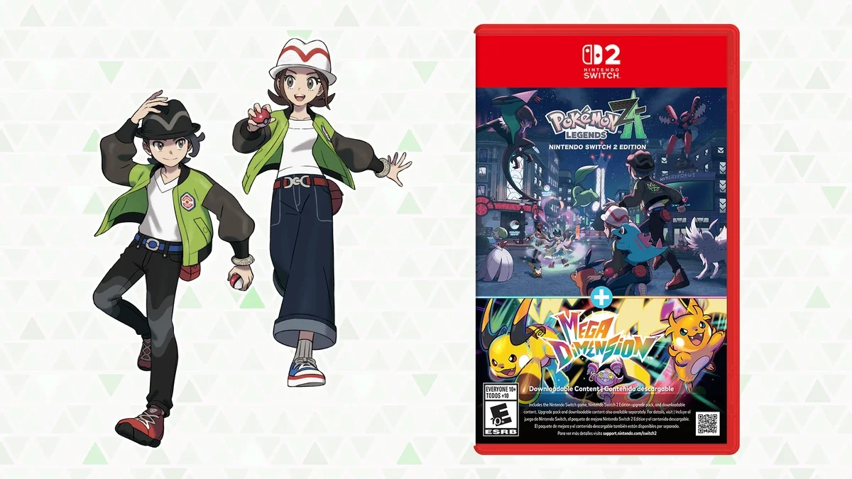 Two Pokémon trainers in green jackets beside the Nintendo Switch 2 box for Pokémon Legends: Z-A with the Mega Dimension expansion