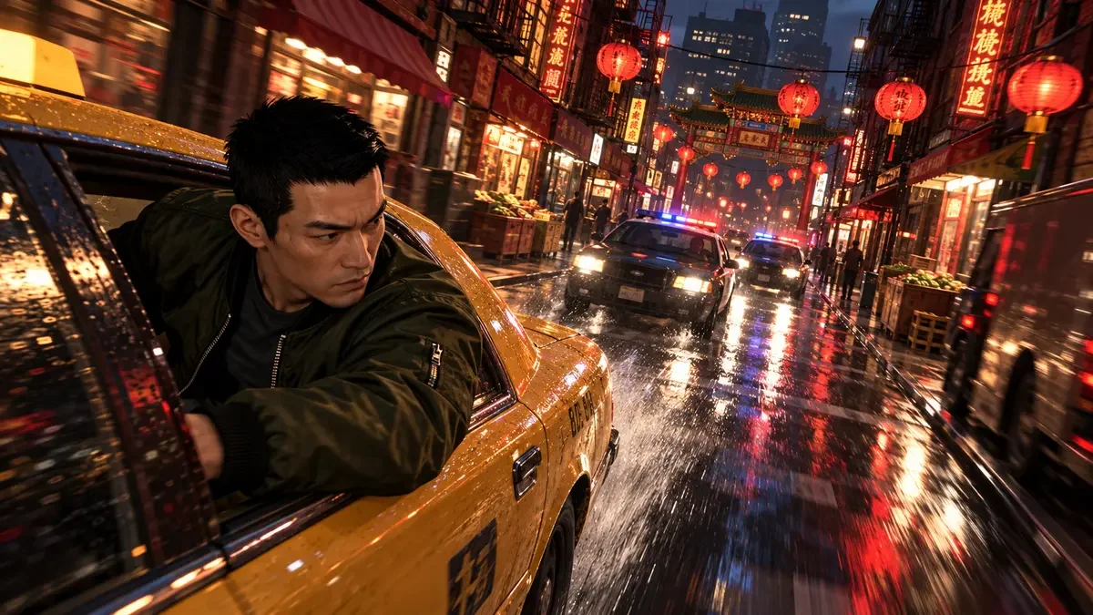 AI illustration of Huang Lee leaning from a yellow taxi on a wet Chinatown street beneath red lanterns.