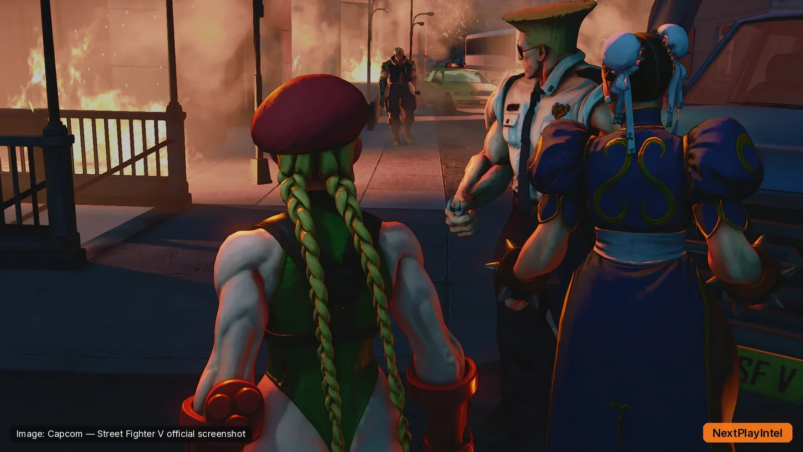 Street Fighter V official screenshot of Cammy, Chun-Li and Guile in a story scene