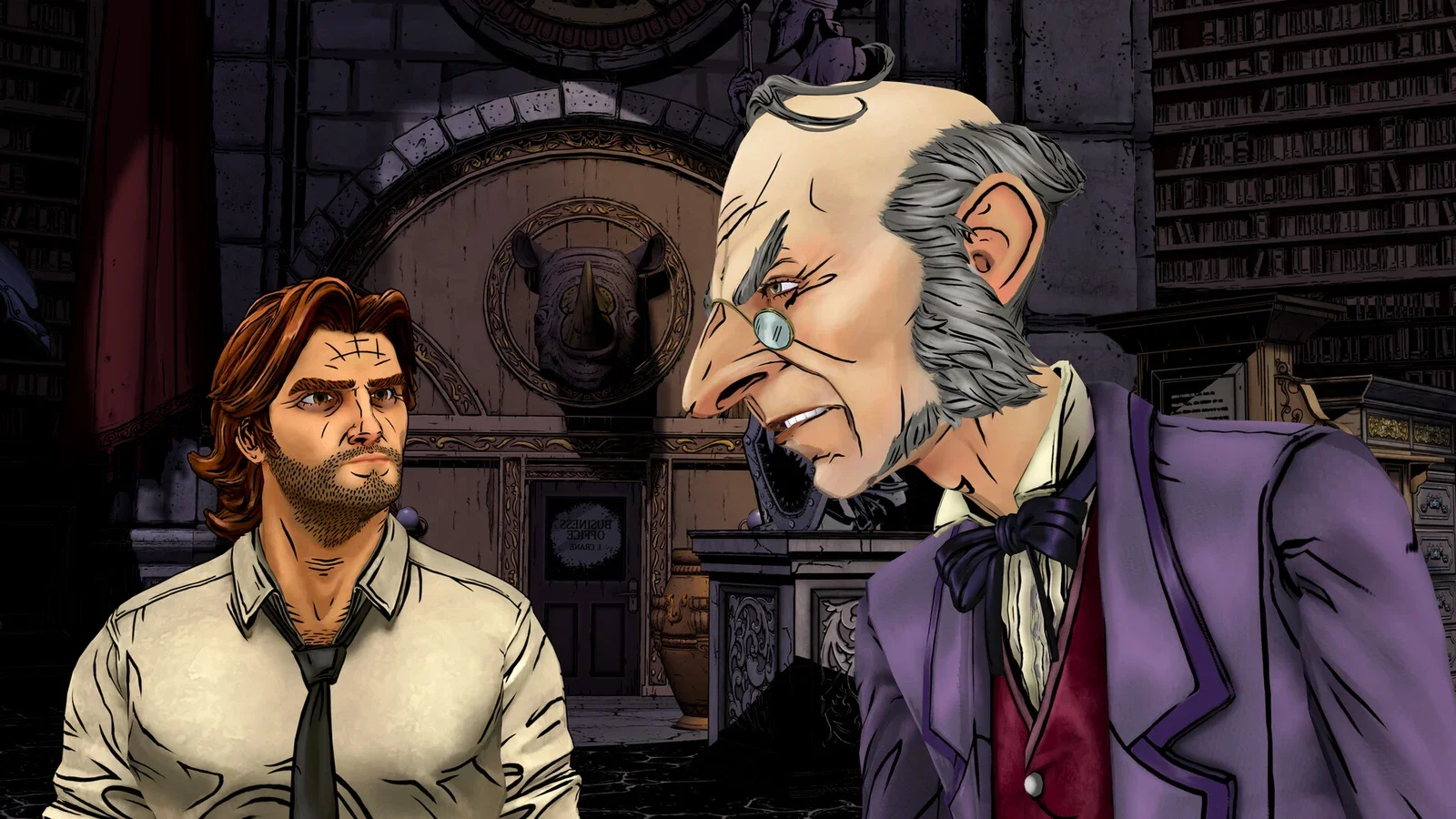 Bigby Wolf faces an elderly man with grey whiskers, a monocle and a purple coat in a stone-walled office lined with bookshelves