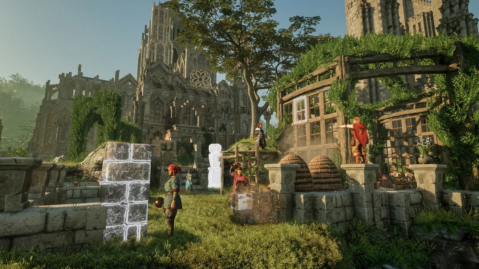 Official Enshrouded screenshot of a player base with stone walls and timber buildings being restored in a green valley