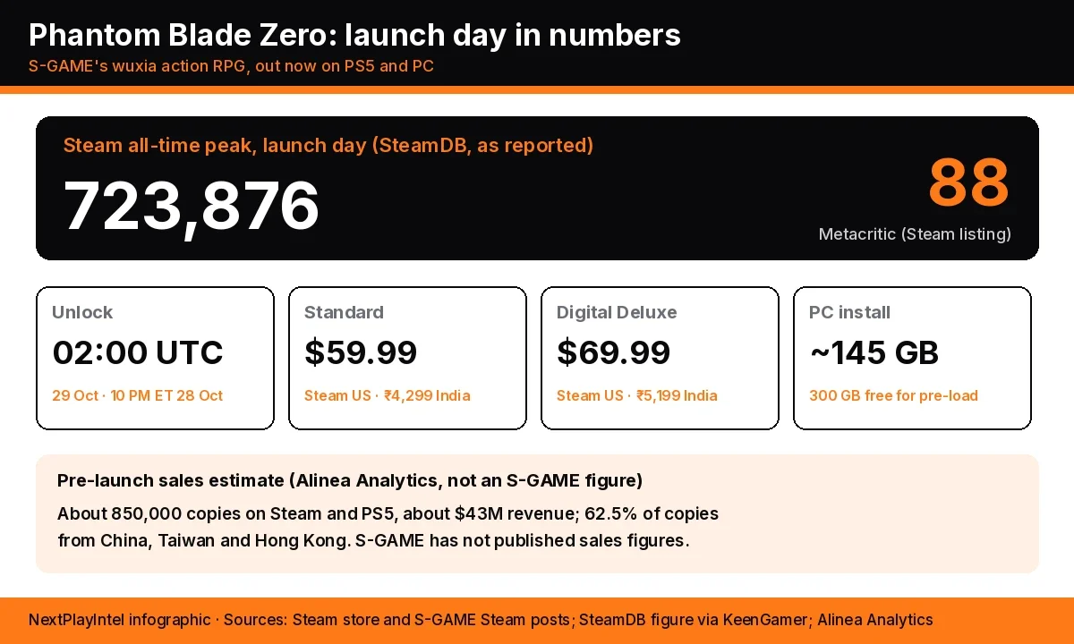 Infographic of Phantom Blade Zero launch numbers: 723,876 Steam peak, Metacritic 88, 02:00 UTC unlock, $59.99 and $69.99 prices, about 145 GB install and Alinea's pre-launch sales estimate