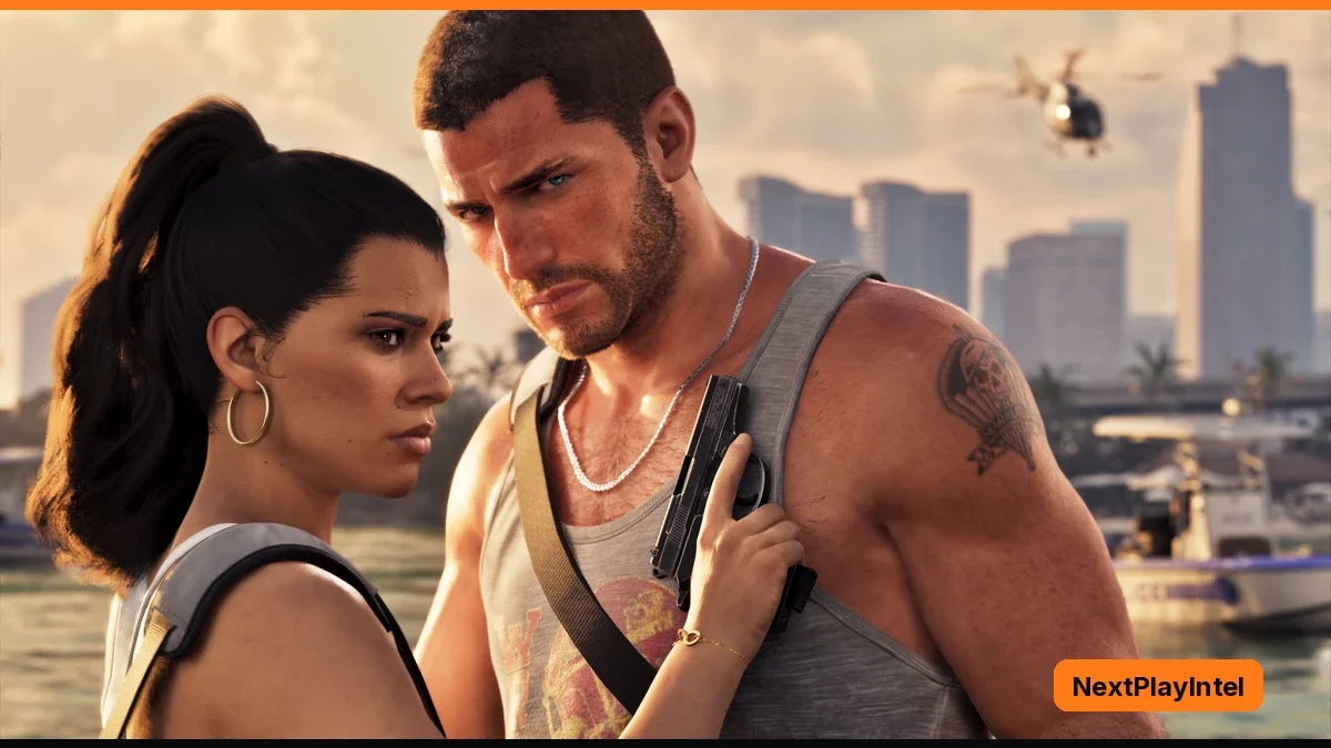 Jason and Lucia stand close together on a waterfront, Lucia holding a pistol against Jason's chest, with city towers, a helicopter and a boat behind them