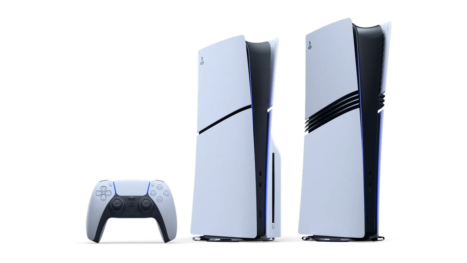 Two white PS5 Slim consoles, one with a disc drive and one Digital Edition, standing upright beside a white DualSense controller