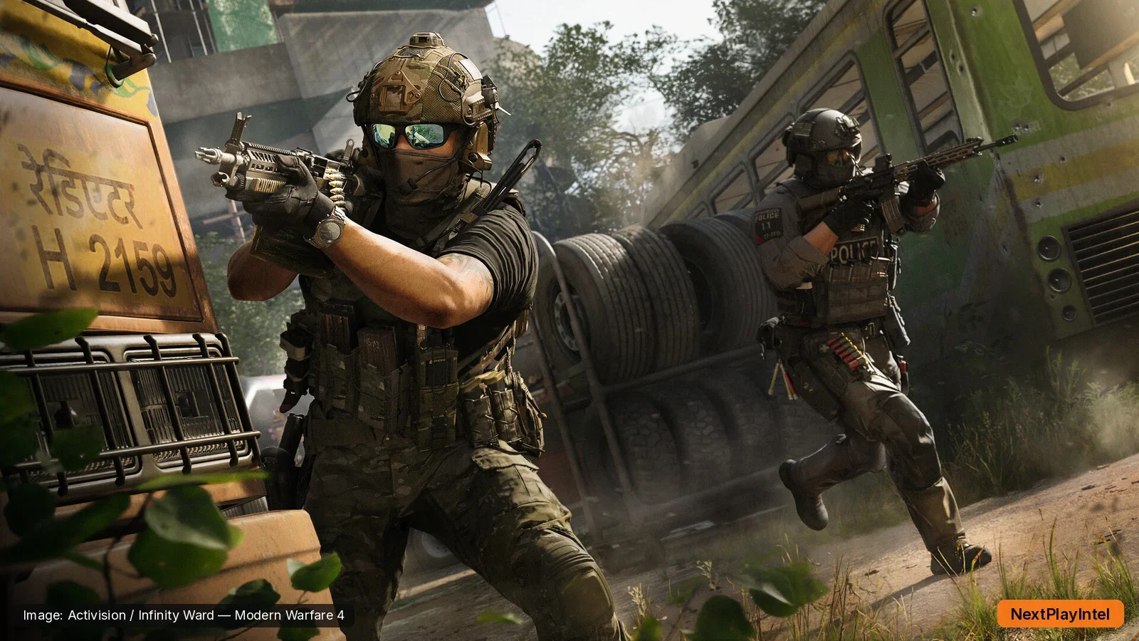 Modern Warfare 4 operators in a firefight beside a bus