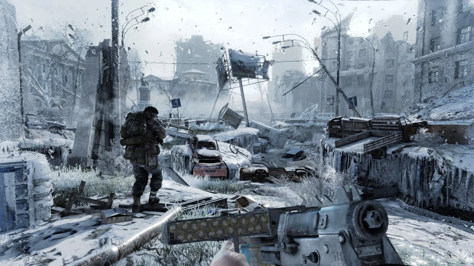 First-person view of a gas-masked figure walking through a snowy, ruined Moscow street lined with collapsed buildings and frozen debris