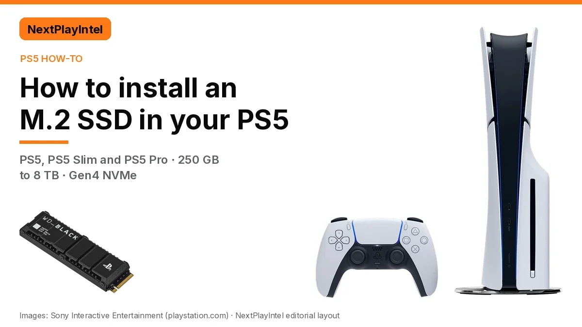 NextPlayIntel title card for a PS5 M.2 SSD install guide, showing an official PS5 Slim console, DualSense controller and a PS5-licensed M.2 SSD with heatsink on a white background