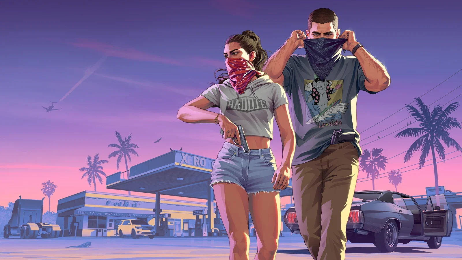 Lucia and Jason pull bandanas over their faces outside a petrol station under a purple Vice City sunset sky
