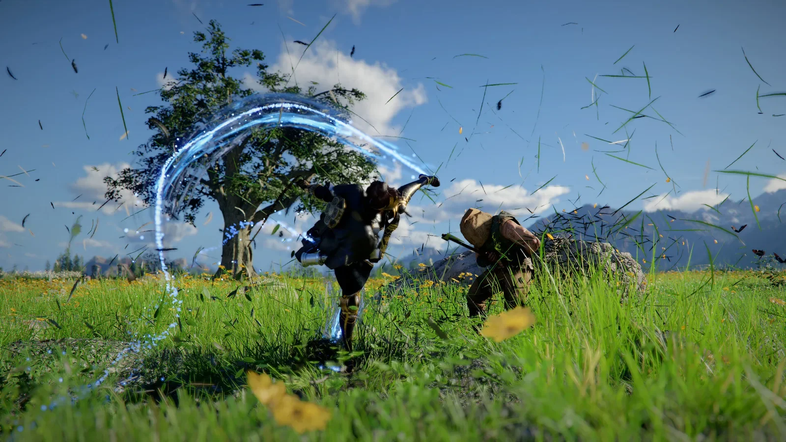Official Crimson Desert screenshot of a swordsman casting a blue arc of energy in a grassy field