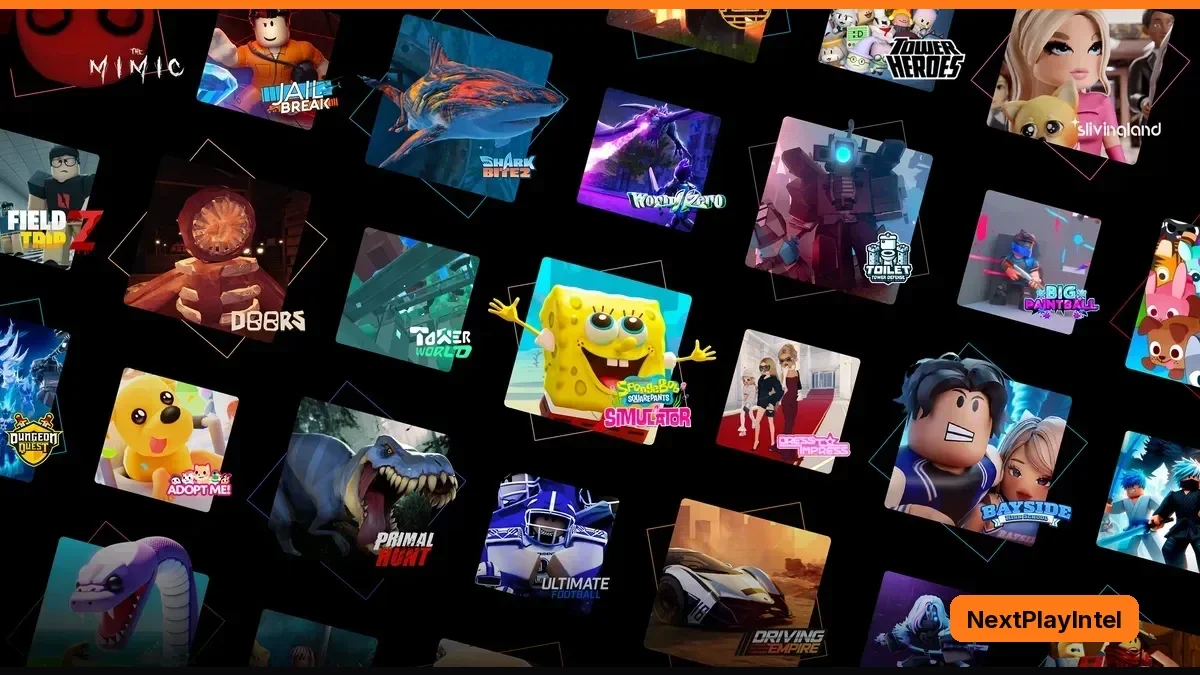 Tilted tiles of Roblox game artwork on a black background, including SpongeBob SquarePants Simulator, Adopt Me!, Doors, Jailbreak, Primal Hunt and Driving Empire