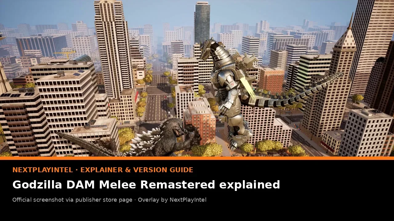 Official Godzilla: Destroy All Monsters Melee Remastered screenshot of Godzilla facing a silver mecha kaiju among skyscrapers, with NextPlayIntel explainer label