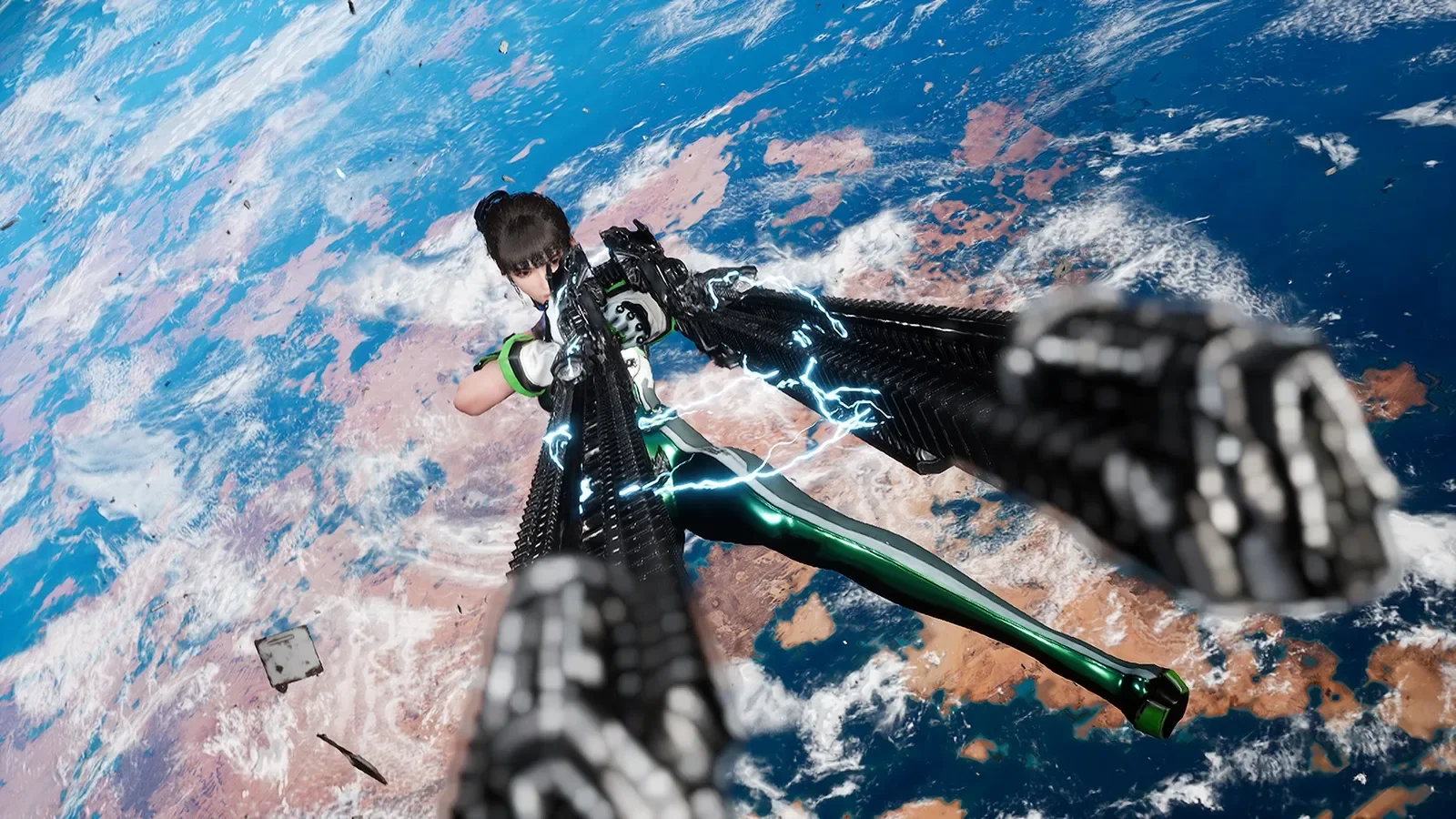 Official Stellar Blade Switch 2 screenshot of EVE aiming a weapon while falling through the sky above Earth