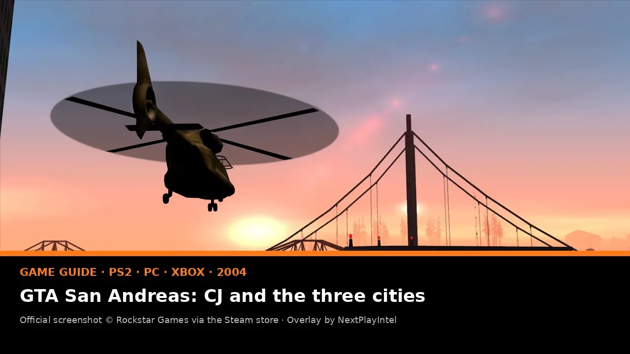 Official GTA San Andreas screenshot of a helicopter flying past a red suspension bridge at sunset in San Fierro, with a NextPlayIntel guide label