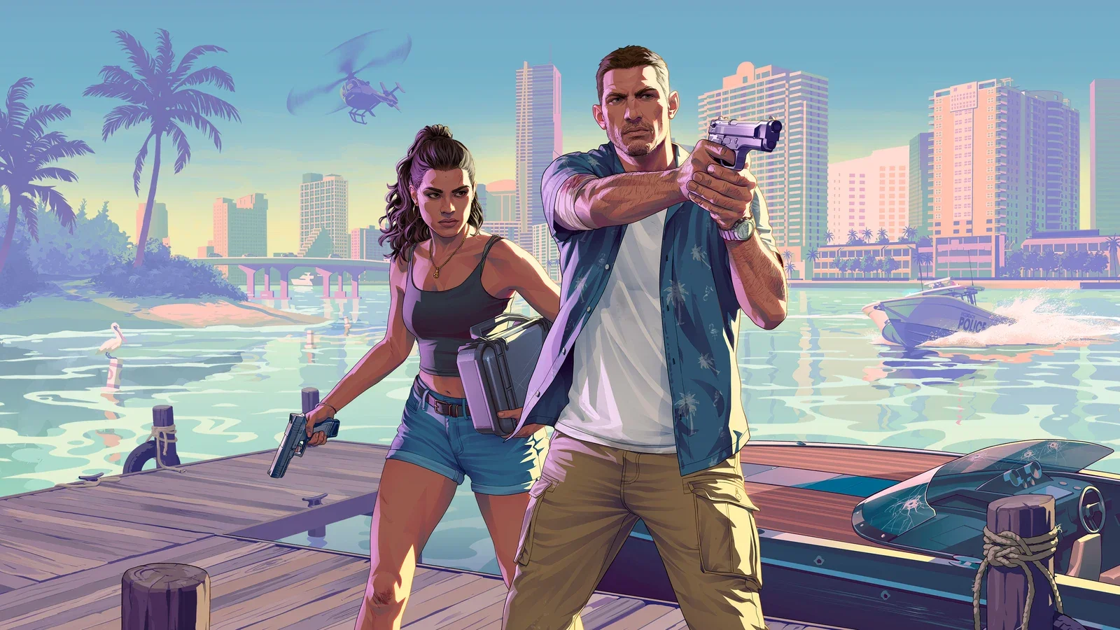 Jason and Lucia stand on a waterfront pier holding pistols, with the Vice City skyline behind them