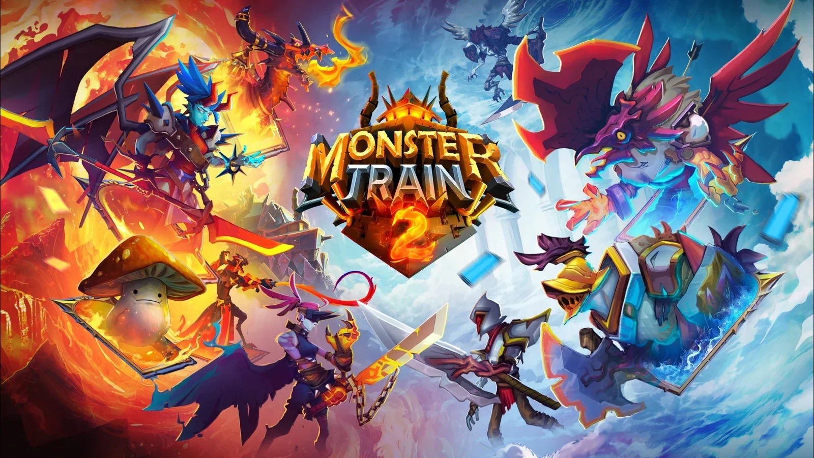 Monster Train 2 key art: angels, demons and a mushroom creature battle around the game's crowned logo against a split fire-and-sky background