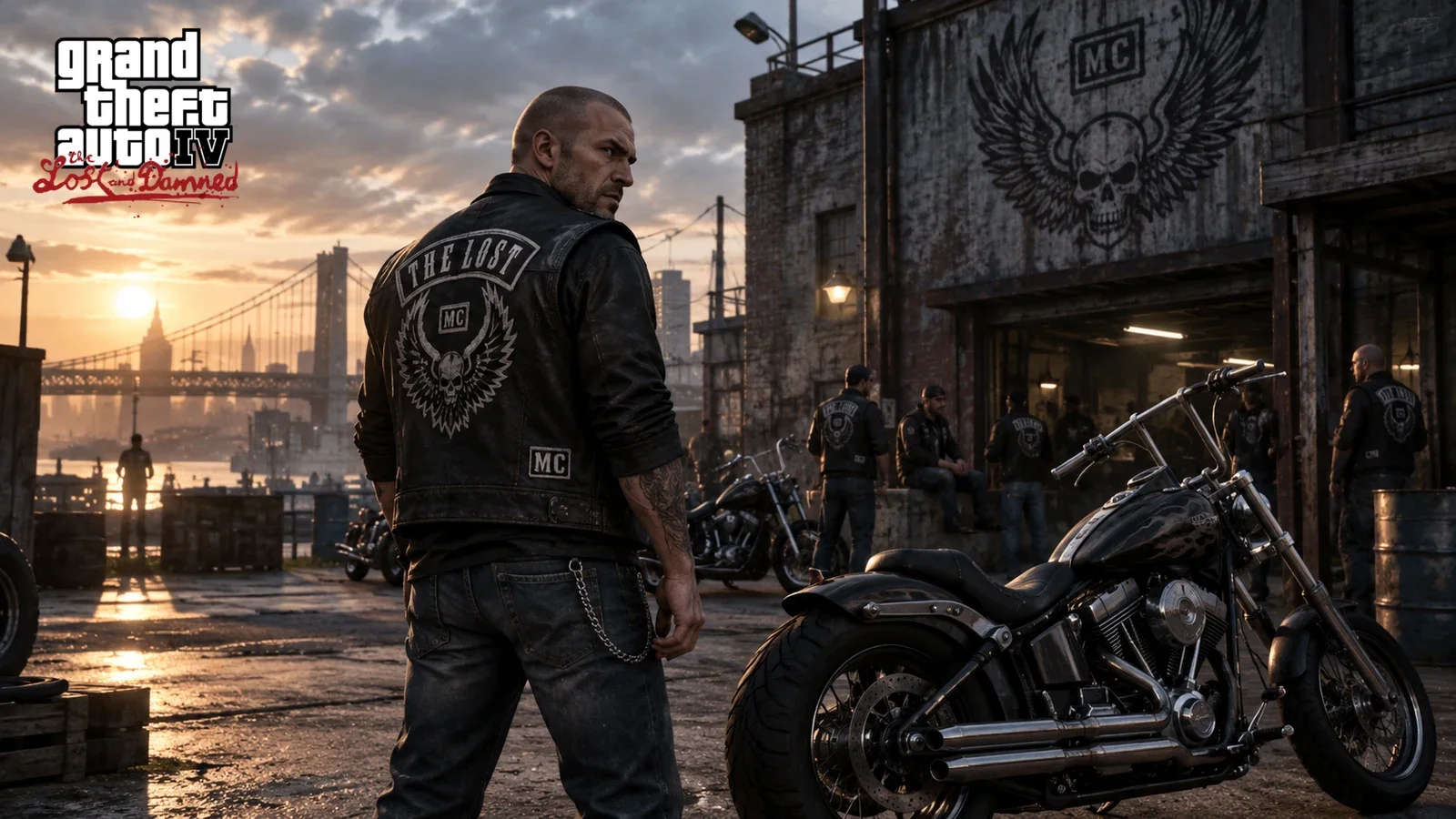 AI illustration of Johnny Klebitz beside a custom motorcycle outside the Lost MC clubhouse.