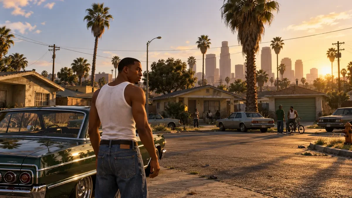 AI illustration of CJ beside a green lowrider in a palm-lined neighbourhood inspired by San Andreas.