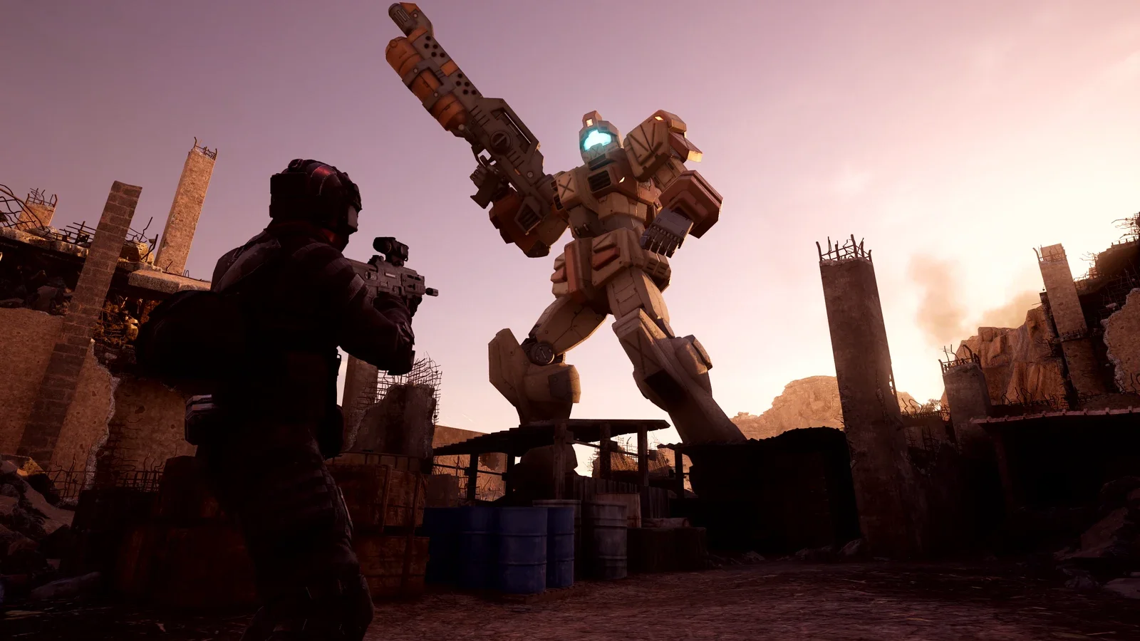 Mobile Suit with a shoulder-mounted multi-tube missile pod charges across a dusty desert floor
