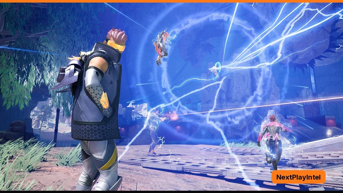 A Legend in a grey armoured jacket watches as an electric blue pulse spreads across an arena, hitting enemy Legends in the distance