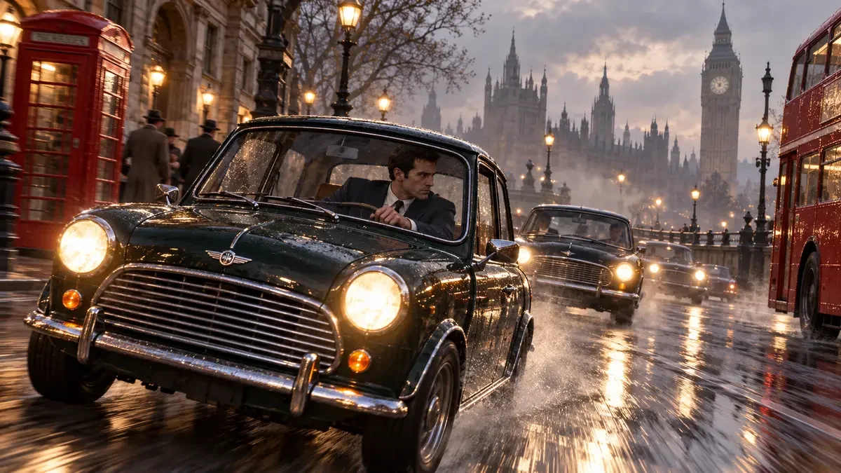 AI illustration inspired by GTA London 1961, showing a man driving a compact car near Big Ben in the rain.
