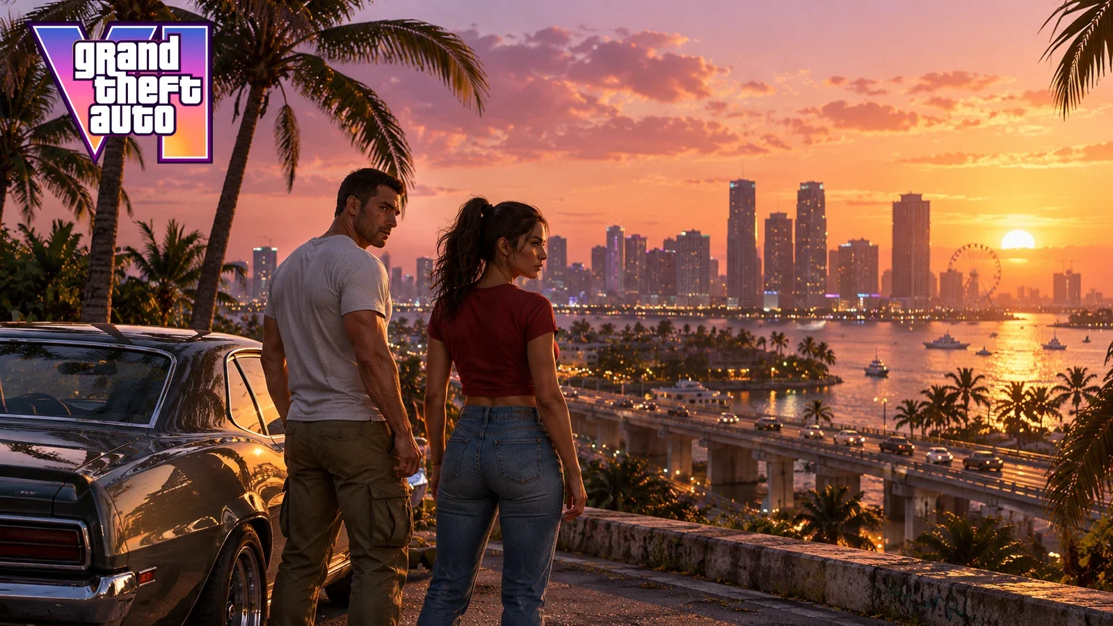AI recreation: photoreal contemporary Florida inspired boulevard at sunset, adult man and woman from behind near classic coupe and palms. Grand Theft Auto VI logo.