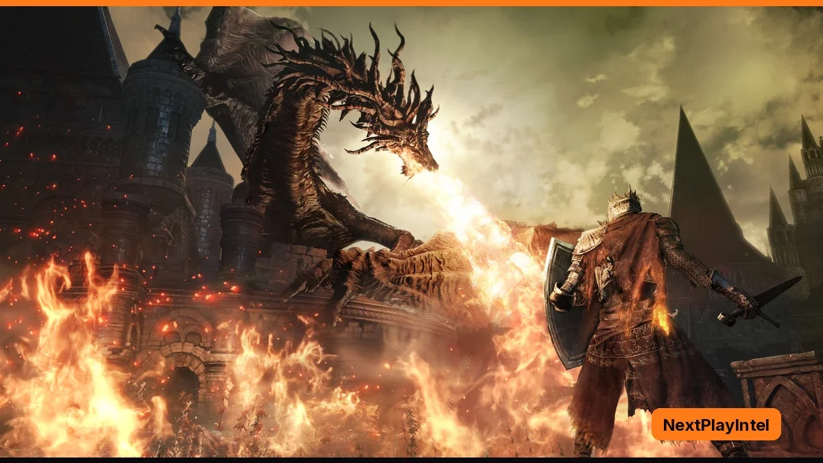 An armoured knight with a shield faces a huge winged dragon breathing fire across a burning castle courtyard