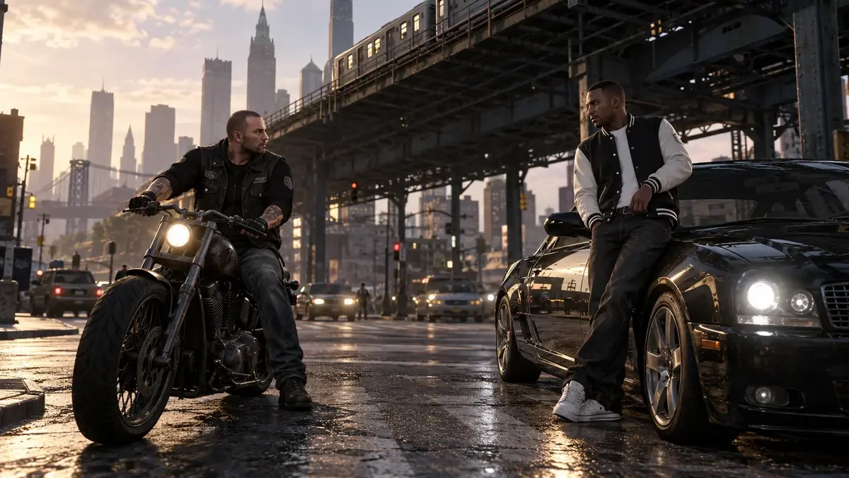 AI illustration of Johnny Klebitz on a motorcycle and Luis Lopez beside a luxury car under an elevated railway.