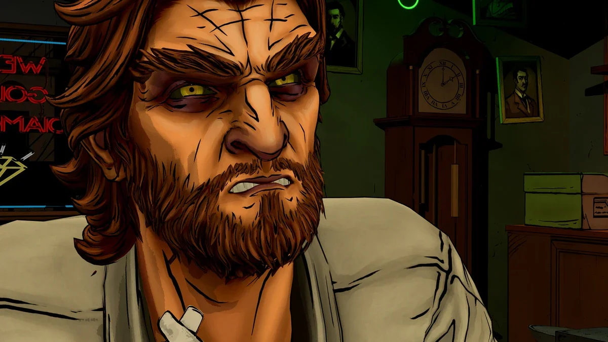 Close-up of Bigby Wolf, a bearded man with yellow eyes and a scowl, in a dim office with a grandfather clock and framed portraits behind him