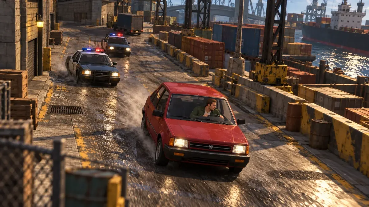 AI illustration inspired by GTA Advance, showing a red car pursued through an industrial waterfront street.