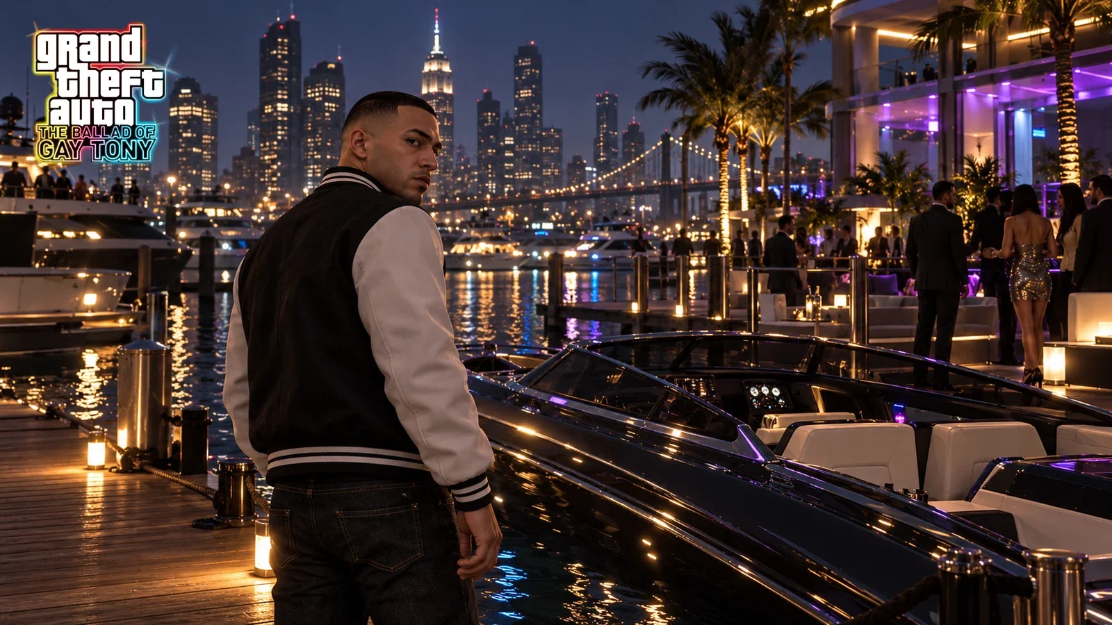 AI illustration of Luis Lopez at a marina beside a speedboat, with illuminated buildings across the water.