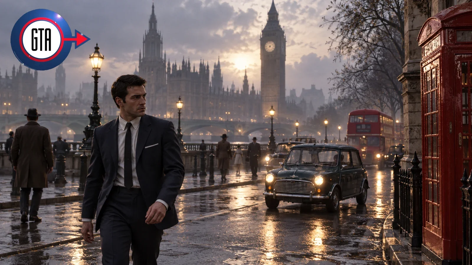 AI illustration inspired by GTA London 1961, showing a suited man on a wet street with Big Ben behind him.