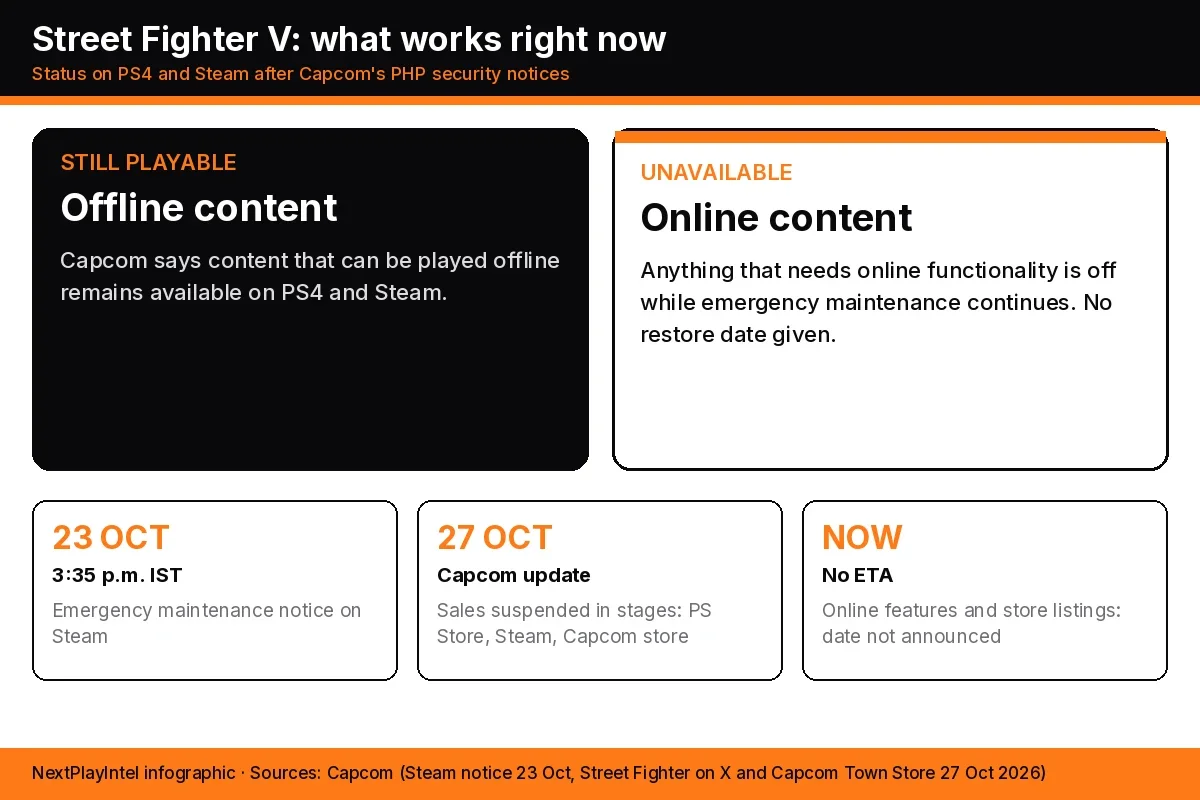 Infographic showing Street Fighter V status: online down since 23 October, sales suspended on Steam and PS Store, offline modes working
