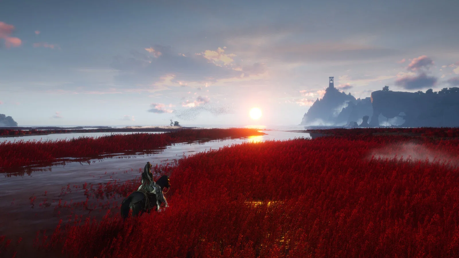 A lone rider crosses a field of red grass beside a lake at sunset in Where Winds Meet
