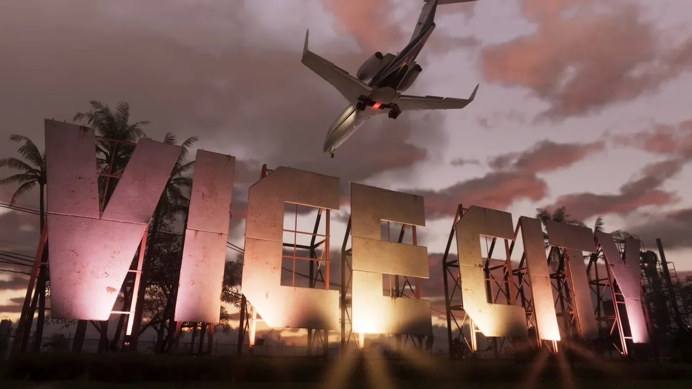 Aircraft above the Vice City sign at sunset.