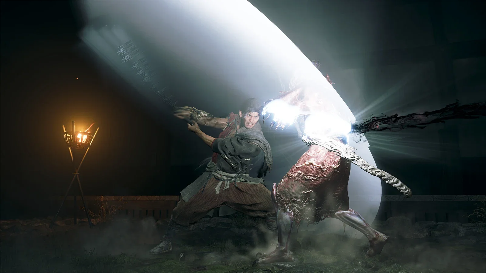 A samurai in a dark chamber slashes through a blinding burst of light in Onimusha: Way of the Sword