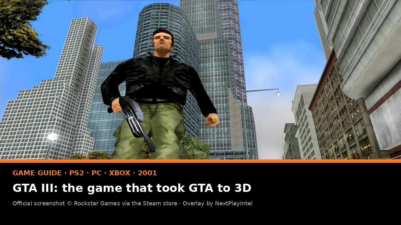 Official GTA III screenshot of Claude walking through Liberty City between high-rise buildings, with a NextPlayIntel guide label