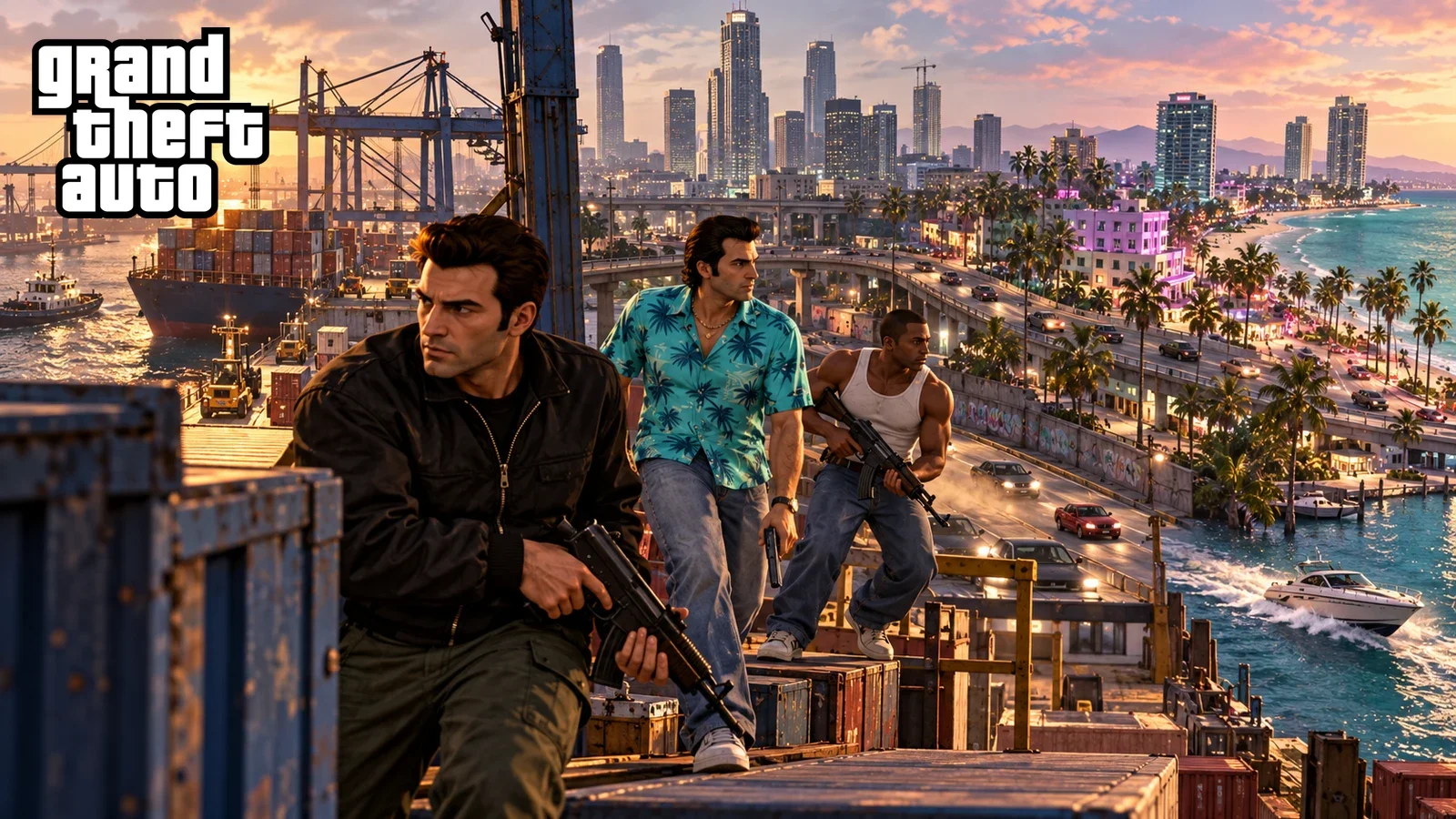 AI recreation: aerial transition through urban docks, downtown streets and tropical coastline as one imagined city. Grand Theft Auto logo.