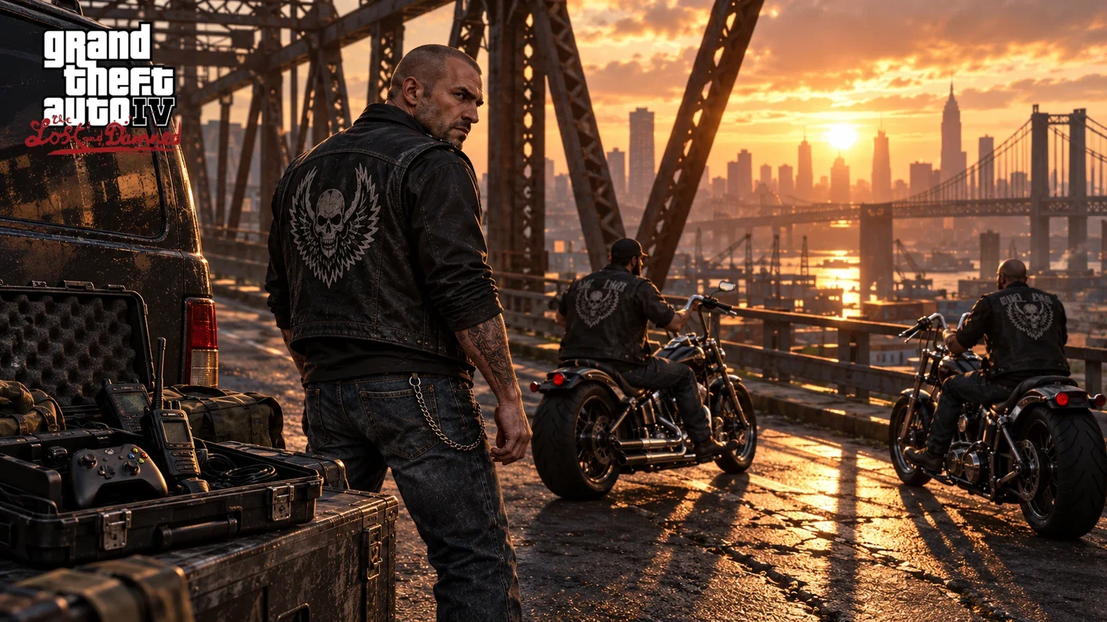AI illustration of Johnny Klebitz beside motorcycles and an open equipment case on a bridge at sunset.