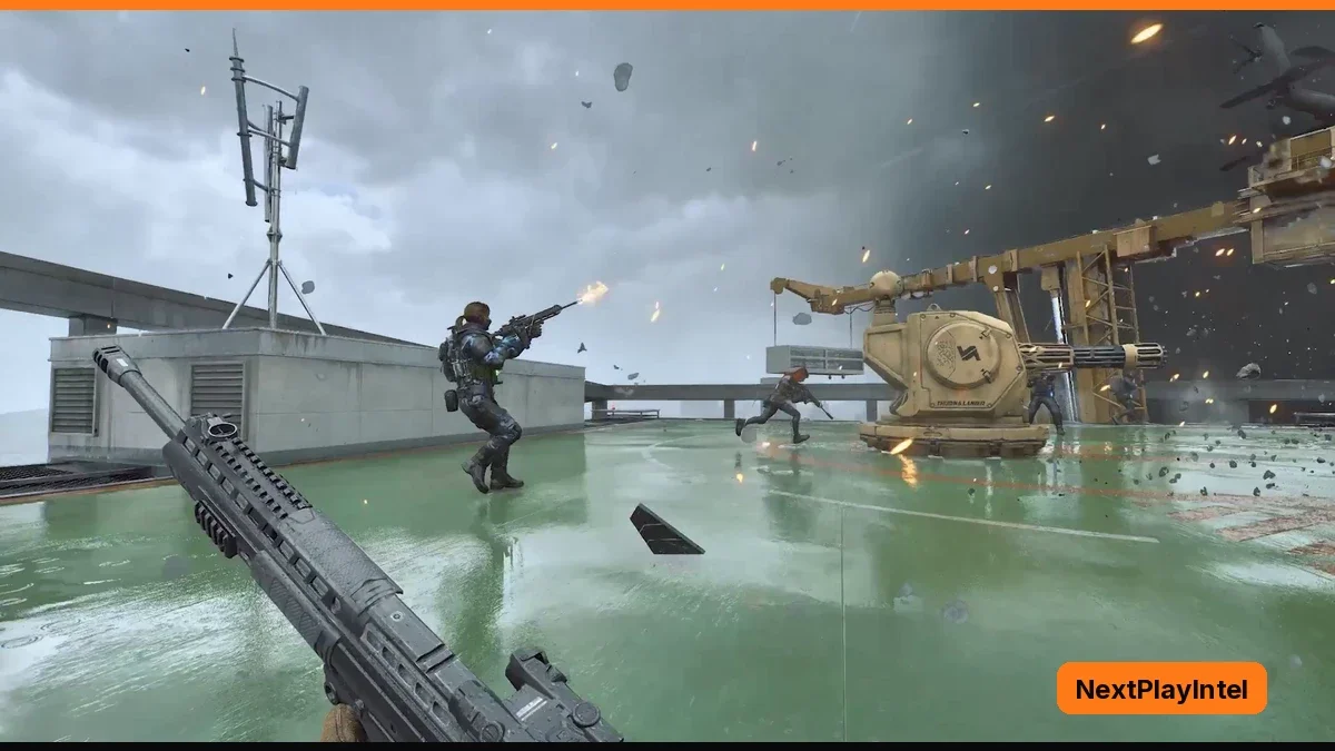 Soldiers fire across a flooded rooftop helipad beside a large yellow crane as debris flies through a dark stormy sky